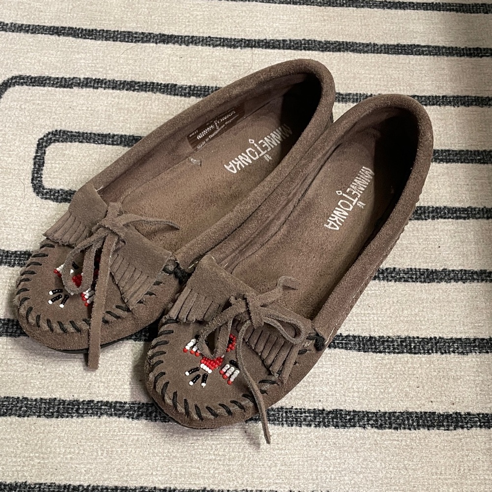 Minnetonka Brown Moccasins with Beaded Design